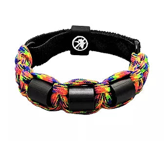 Rainbow braided shark repellent bracelet with black blocks and round logo emblem