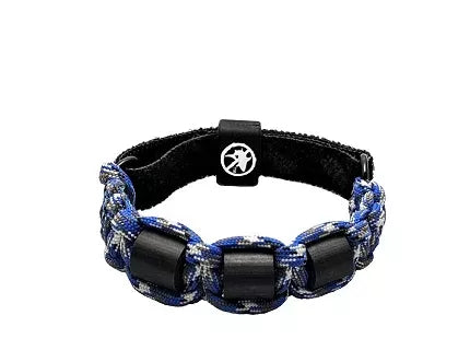 Blue patterned braided shark repellent bracelet with black blocks and round logo emblem