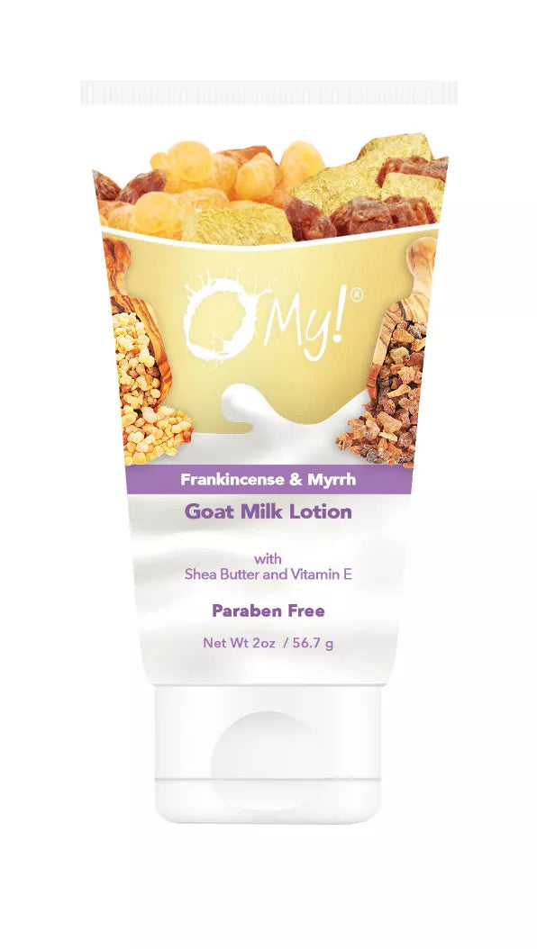 Goat milk lotion tube, gold Frankincense & Myrrh label, shea butter and vitamin E