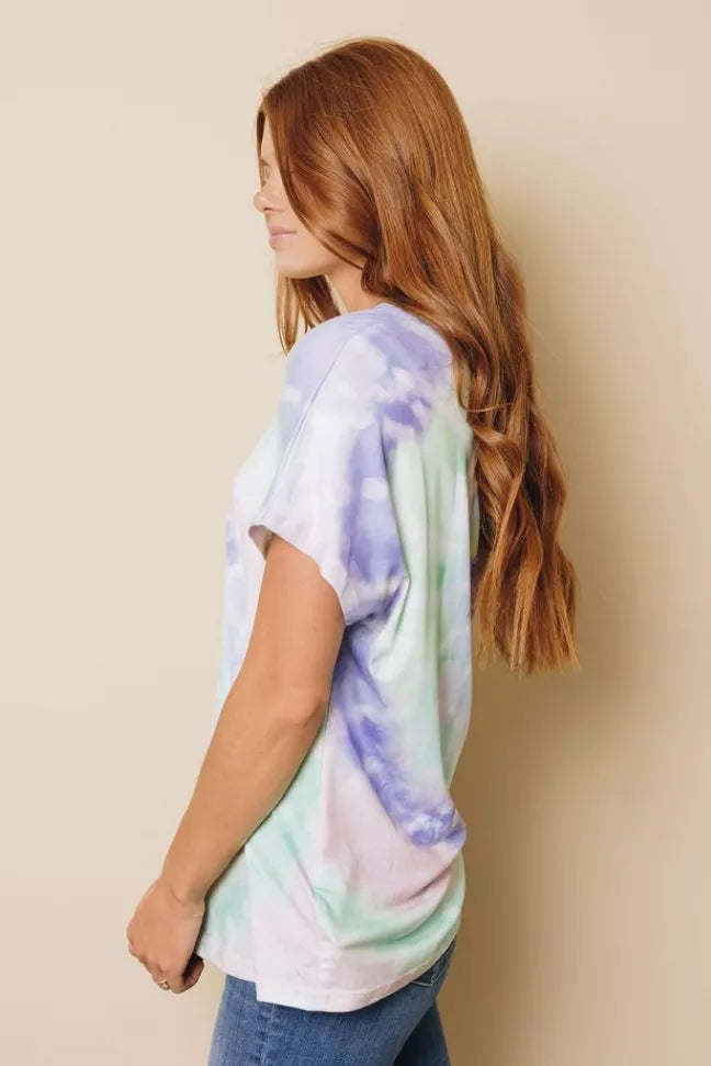 Regan tie-dye t-shirt, side view, pastel lavender and mint swirl on white base