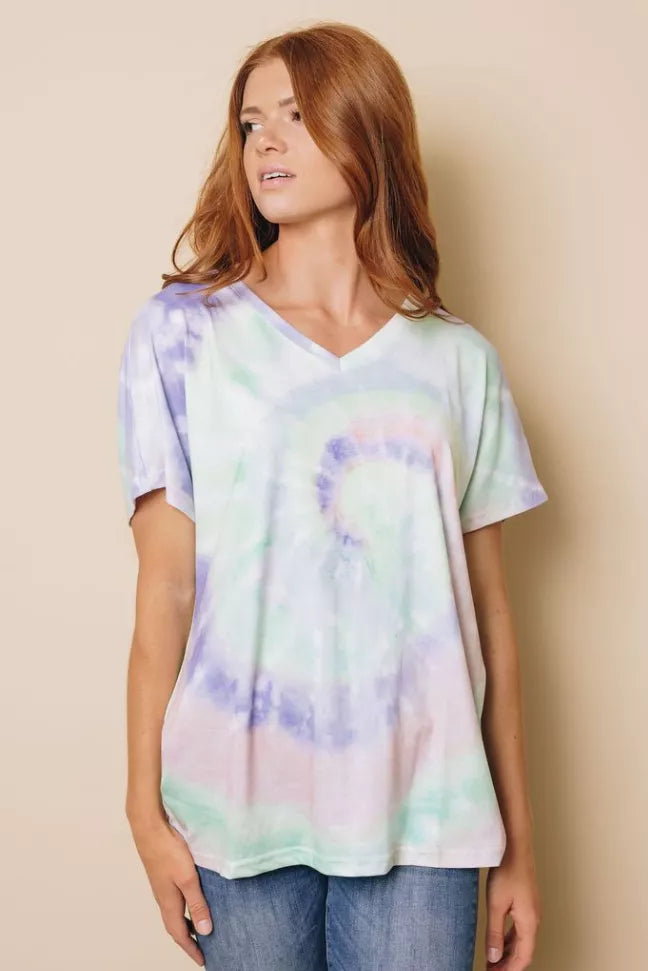Regan tie-dye t-shirt, angled front view, pastel lavender, mint, and pink tie-dye