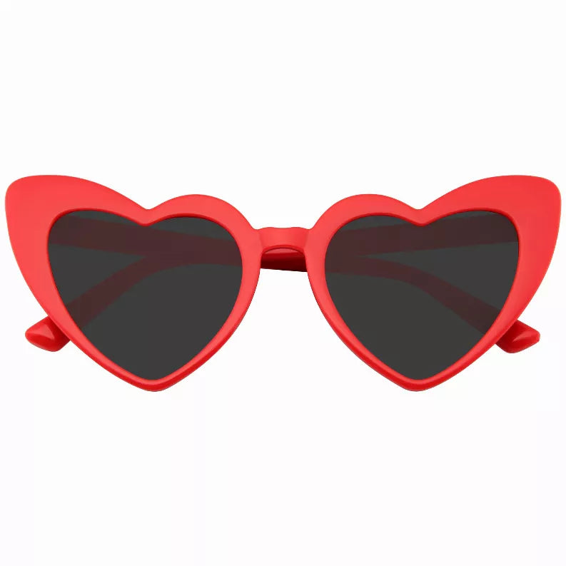 Heart-shaped cat-eye sunglasses with red frame and dark tinted lenses