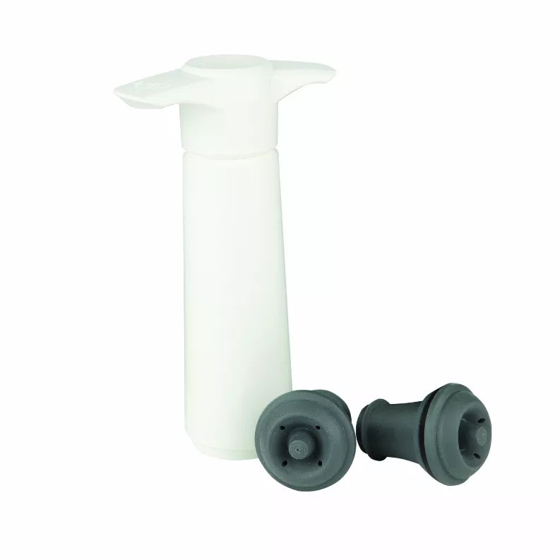 White vacuum wine saver pump with dark gray stopper