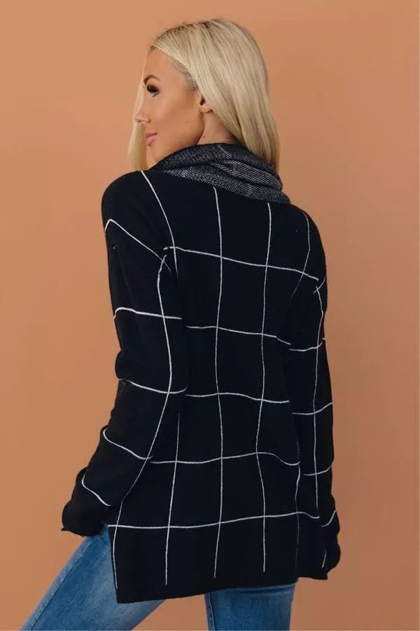 Dark grid turtleneck sweater with long sleeves, relaxed fit, back view