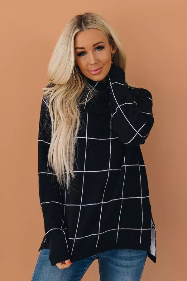 Dark grid turtleneck sweater with long sleeves, front view, white windowpane lines