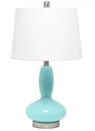 Seafoam glass table lamp with white fabric drum shade and silver base