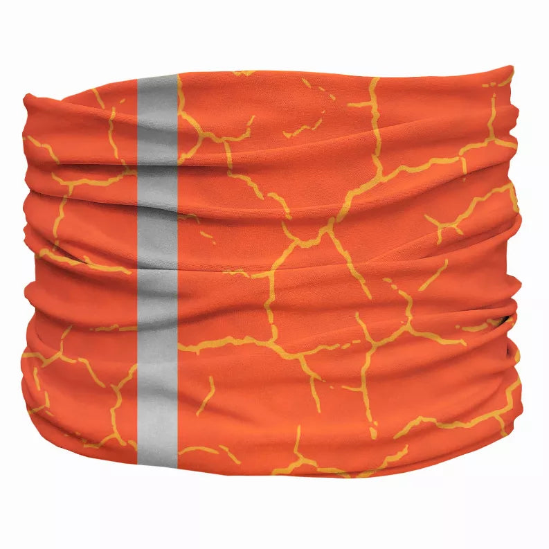 Orange dog neck gaiter with yellow crackle pattern and gray vertical stripe, ruched