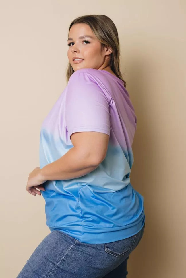 Plus size tie-dye top, short sleeves, side/back view; lavender upper to blue lower gradient