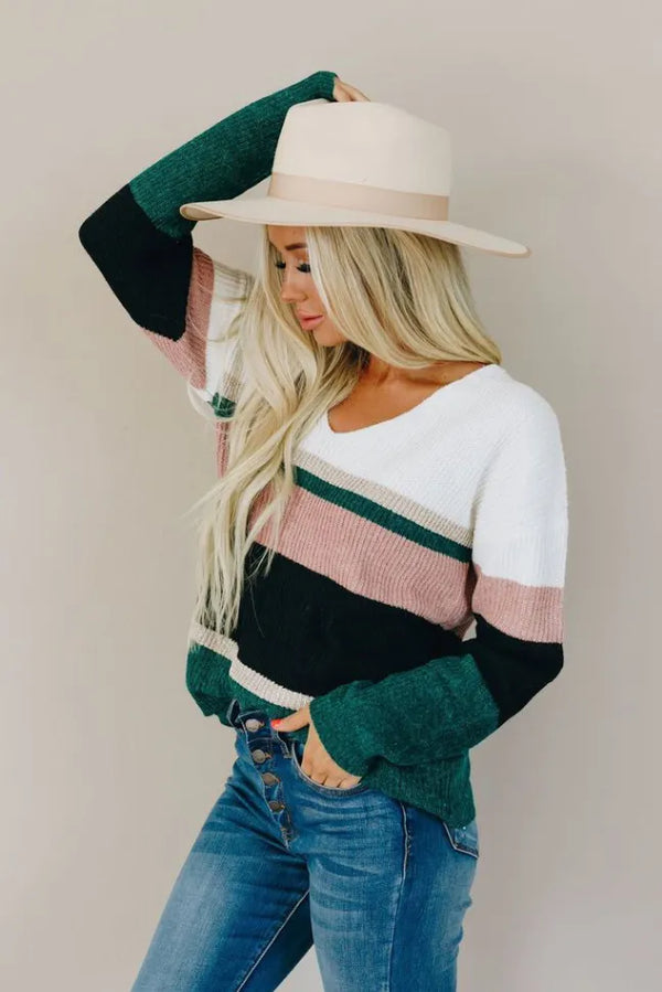 Candy striped knit sweater, white/pink/dark green colorblock knit with long sleeves