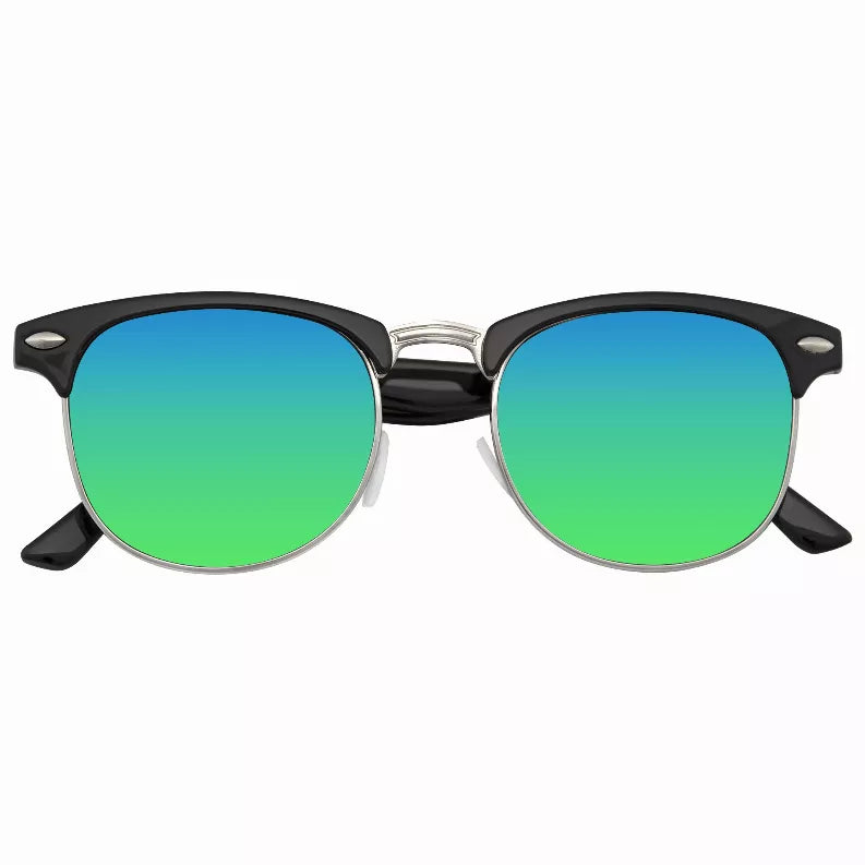 Retro round sunglasses with half-frame look, mirrored blue-to-green lenses, black temples