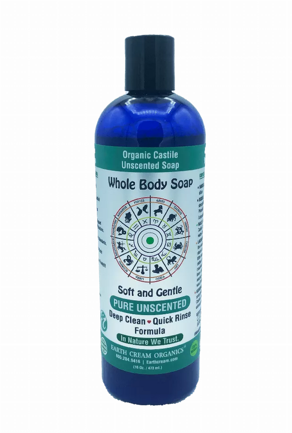 Blue unscented liquid castile soap bottle, front label says Whole Body Soap