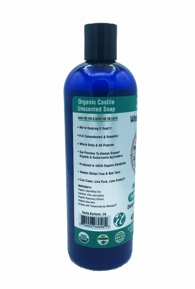 Blue unscented liquid castile soap bottle, back label with ingredient and use info