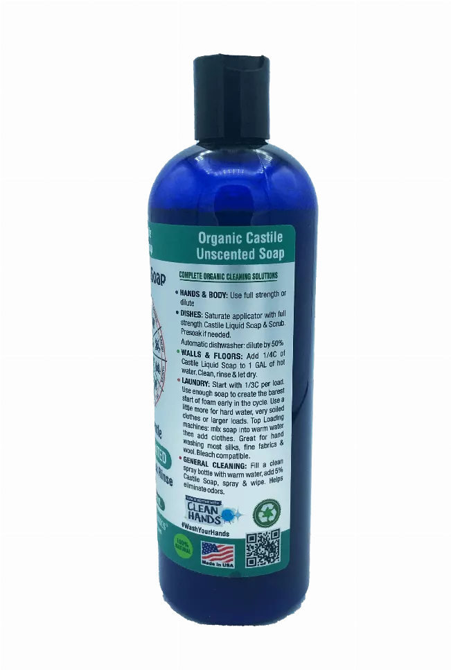 Blue unscented liquid castile soap bottle, back label shows laundry and cleaning directions
