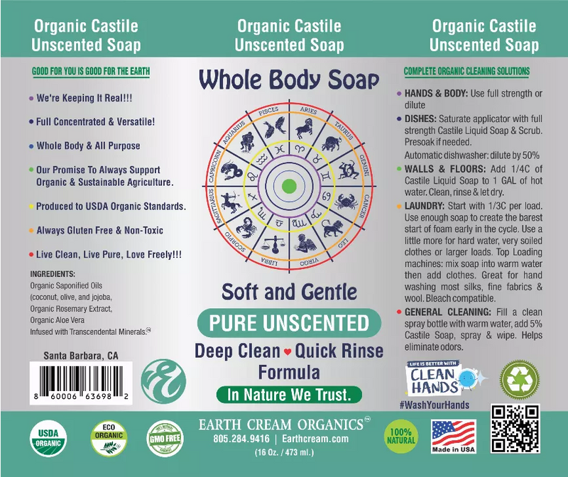 Whole body soap label panel for unscented castile liquid, with Pure Unscented claims