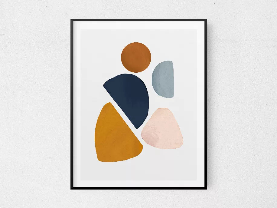 Black-framed abstract art print with terracotta circle and navy, mustard, blush, blue shapes