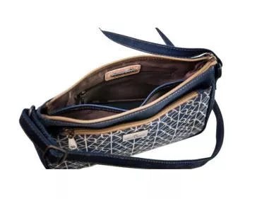 Navy patterned crossbody bag interior view with tan lining and top opening