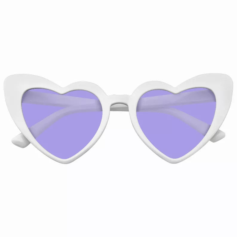 Heart-shaped cat-eye sunglasses with white frame and purple tinted lenses