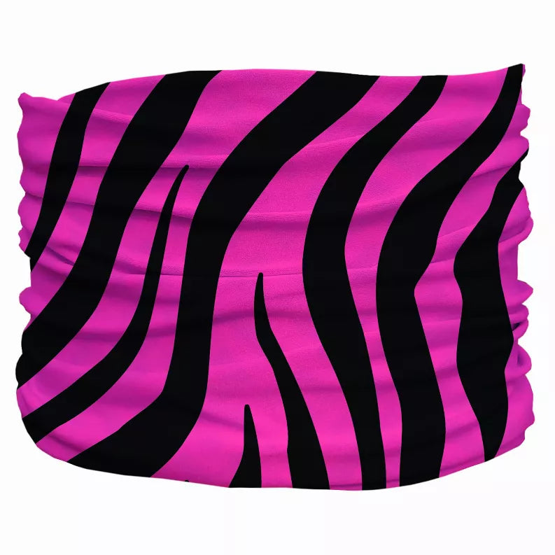Pink and black zebra-striped pet scarf with ruffled edges