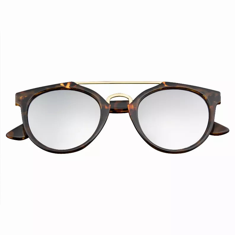 Sunglasses with dark tortoiseshell horn rims, gold crossbar, mirrored lenses