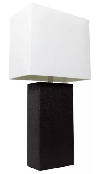 Modern table lamp with white fabric drum shade and black leather-style base