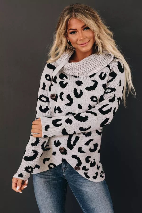 Leopard print knit sweater with cowl neck; white with black spots