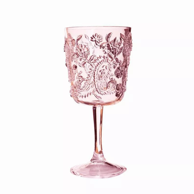 Pink acrylic paisley wine glass with etched ornamental pattern
