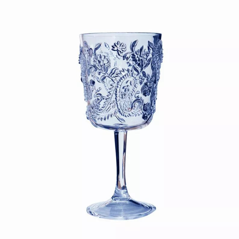 Blue acrylic paisley wine glass with etched ornamental pattern