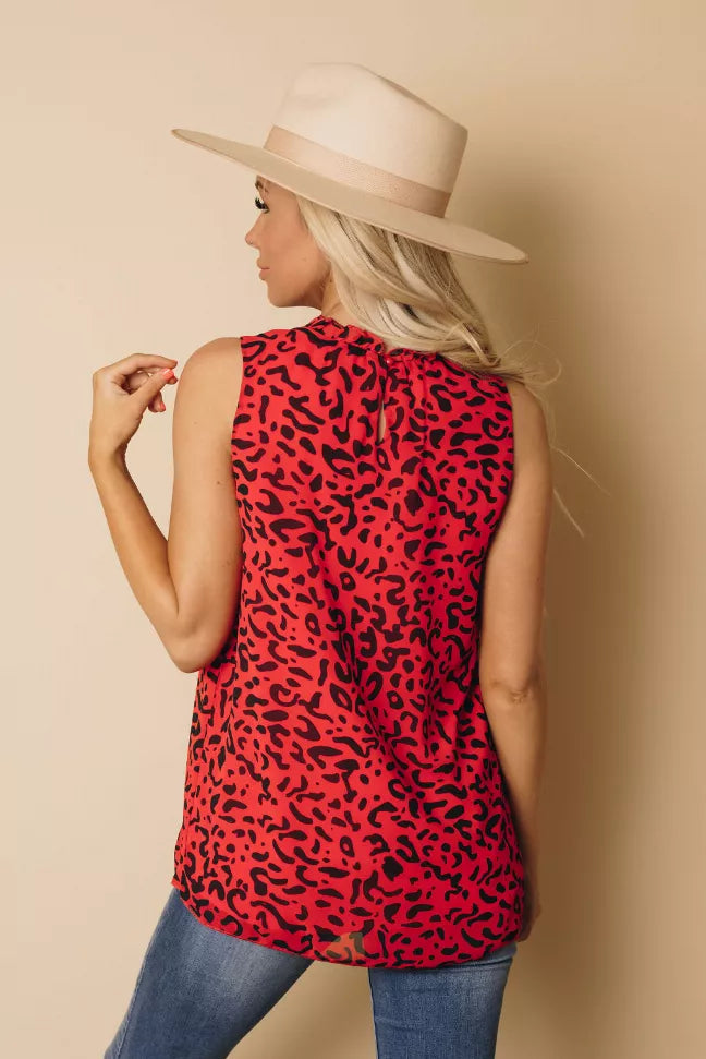 Red and black leopard-print sleeveless tank, back/side view, sleeveless crew neck