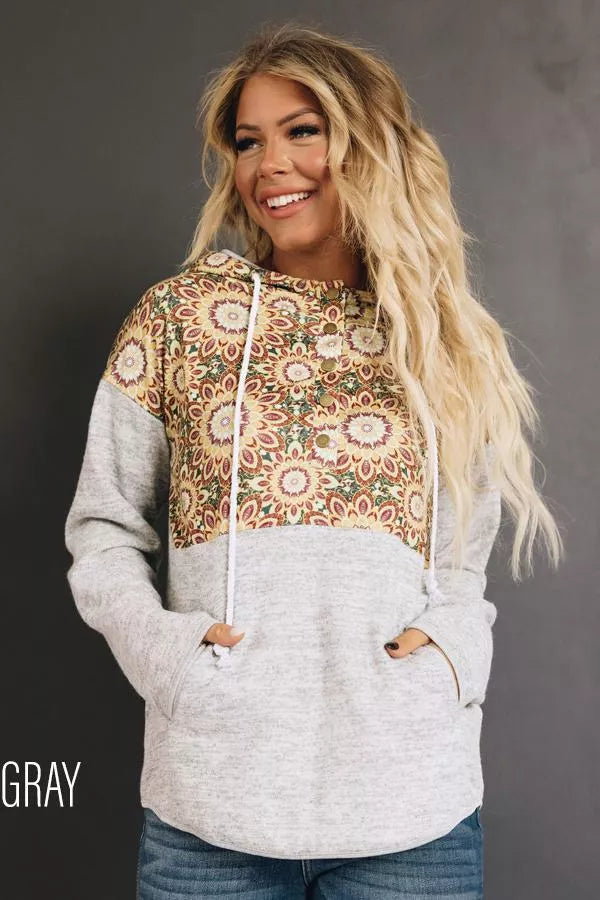 Heather gray tribal pocket hoodie, front kangaroo pocket and patterned hood panel