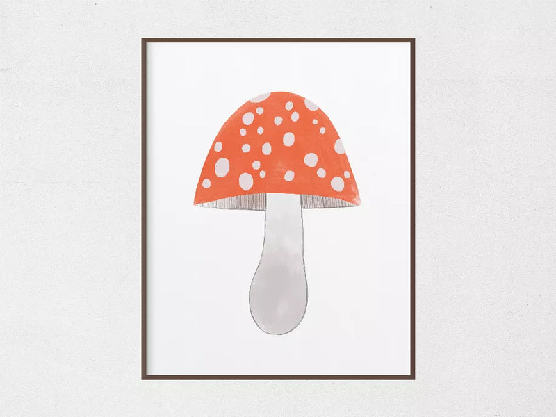 Orange mushroom illustration with white spots and gray stem in dark frame
