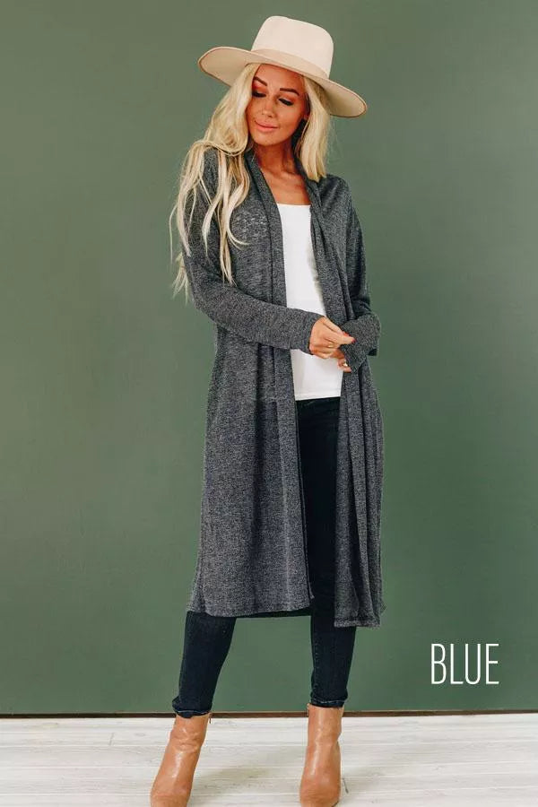 Dark heather gray knit cardigan with open front, long sleeves, and straight drape hem