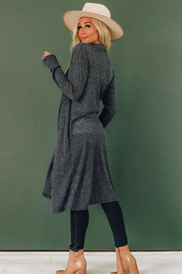 Dark heather gray knit cardigan with open front, long sleeves, and flared drape