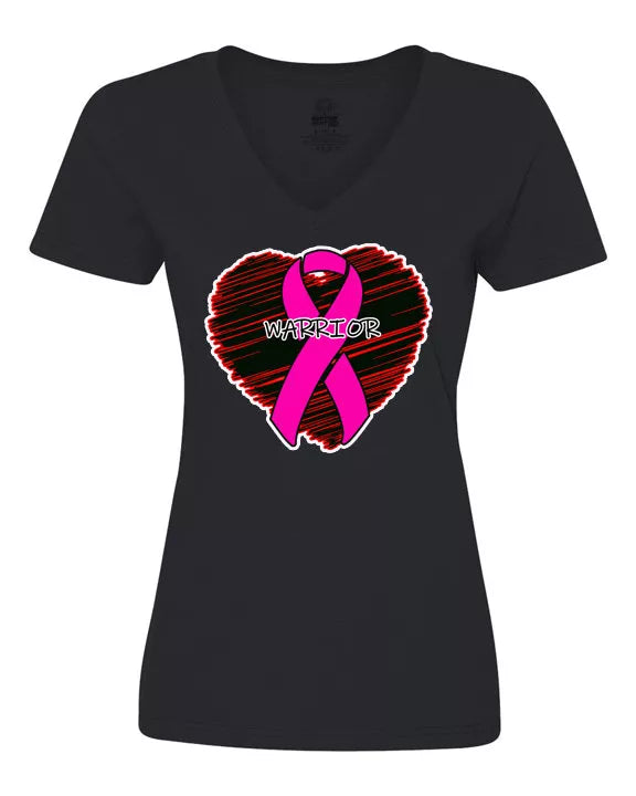 Dark V-neck ladies T-shirt with short sleeves, pink cancer ribbon and Warrior emblem