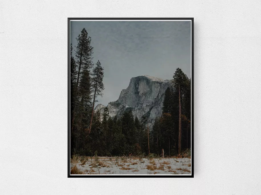 Framed landscape print with snowy ground, tall pines, and granite peak, dark border