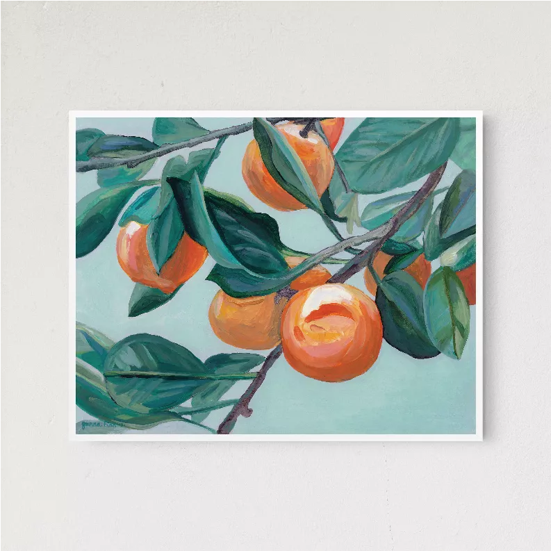 Framed orange branch floral painting with green leaves and orange blossoms on white mat