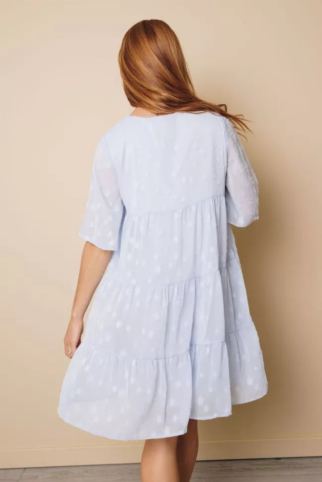 Light blue babydoll dress with tiered skirt and short puff sleeves, back view