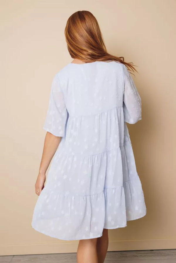 Light blue babydoll dress with tiered skirt and short puff sleeves, back view