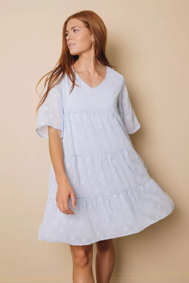 Light blue babydoll dress with short puff sleeves and tiered skirt, front view