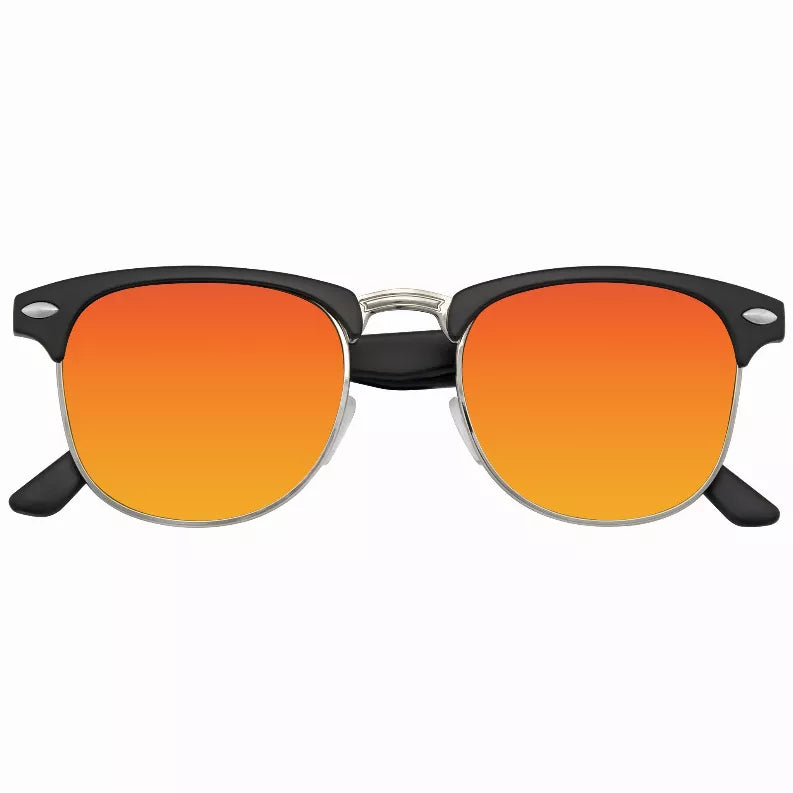 Retro half-frame sunglasses, black rims with orange flash mirror lenses and metal bridge