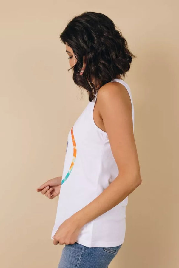 White sleeveless tank top with partial circular “River Life” logo print, side view