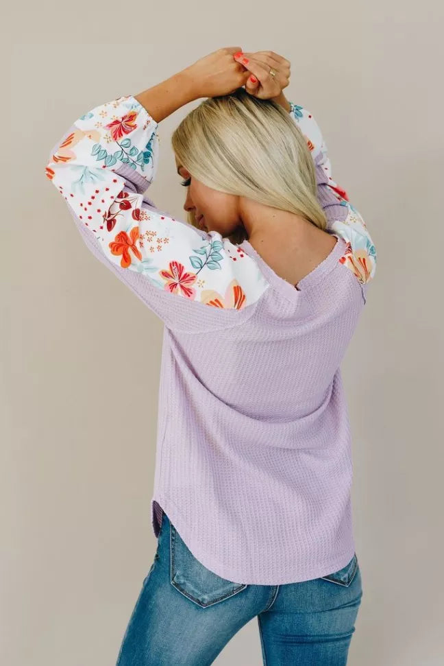 Lavender thermal top with floral long sleeves, scooped neckline detail