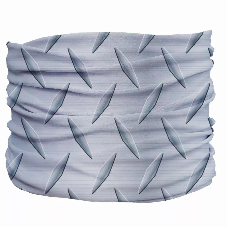 Light blue shark fin pattern neck gaiter with ruched stretchy edges
