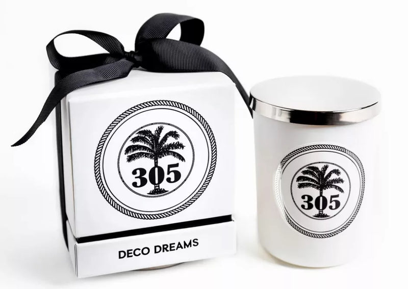 White 305 candle jar with silver lid and gift box, Deco Dreams label