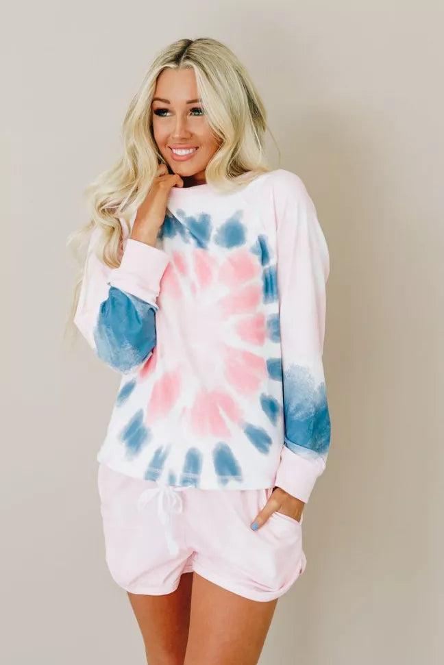 Tie-dye lounge set: pink/blue pullover sweatshirt with white drawstring shorts