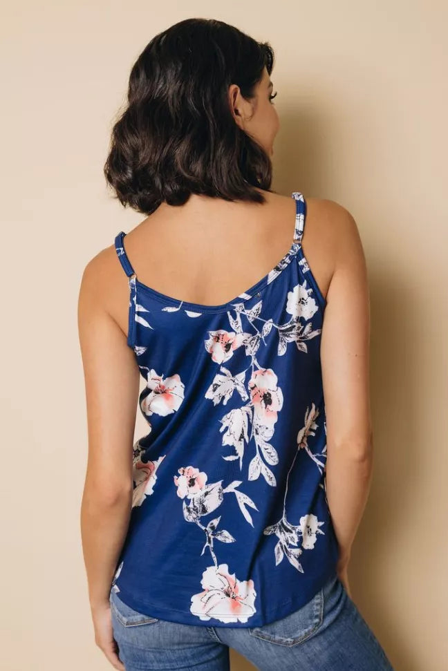 Blue floral open-back tank top with V-back and thin straps