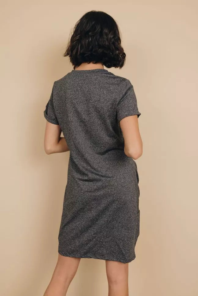 Dark gray heather mini dress with short sleeves and V-neck, back view
