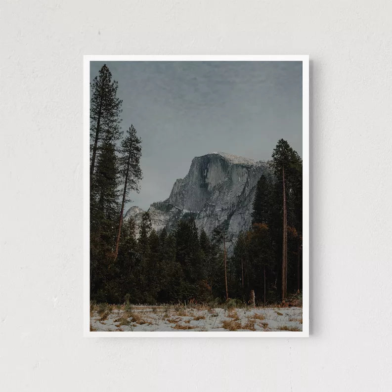 White-framed Half Dome landscape print with pine trees and snowy meadow