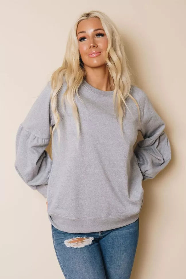 Women's heather gray crew-neck pullover with puff balloon sleeves (front view)