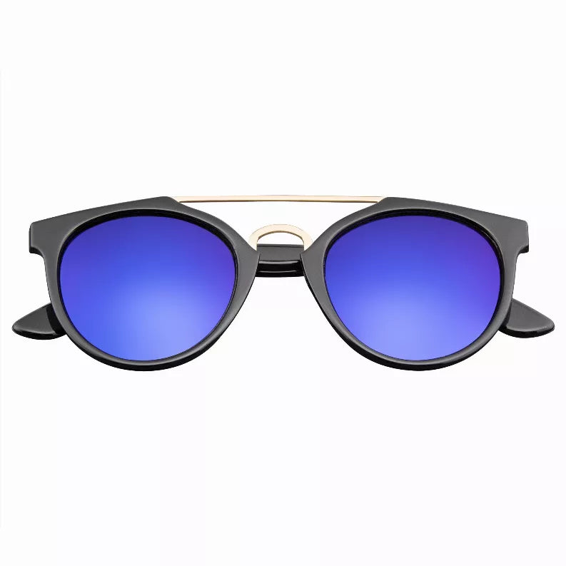 Round horn-rim sunglasses with black frames and blue flash-mirror lenses, metal crossbar