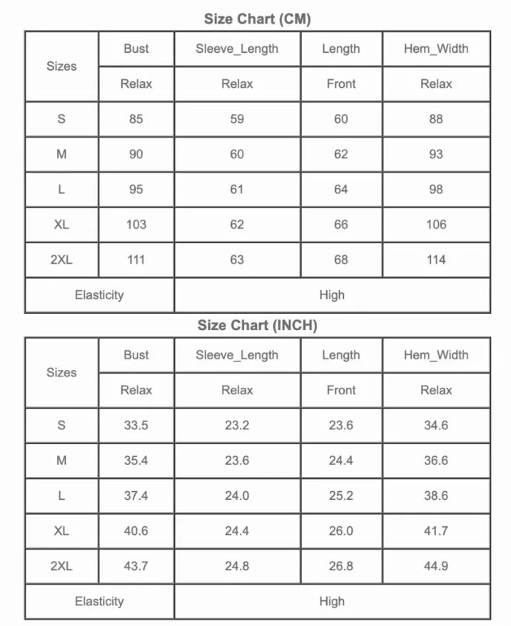 Size chart for long-sleeve top: bust, sleeve length, length, and hem width (cm/in)